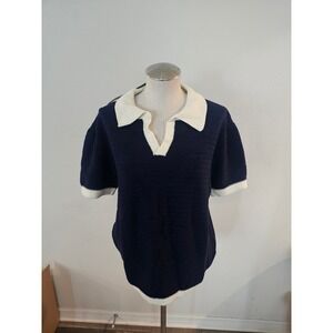 OXKNITSTORE Mens Knit Polo Shirt Navy Blue Cream Contrast Trim Johnny Collar L
